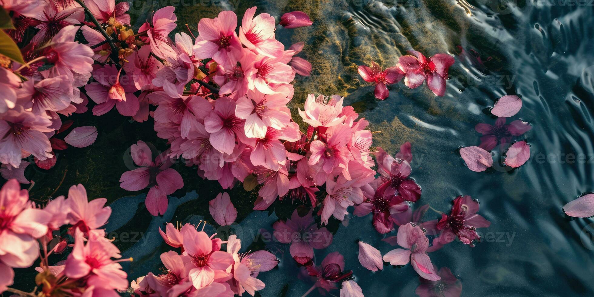 AI Generated Sakura flowers and petals float on the surface of the water. Hanami. AI generation. photo