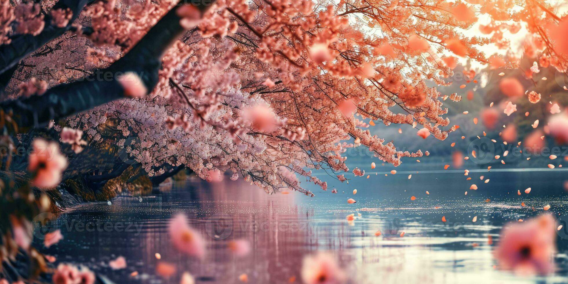 AI Generated Sakura blossoms against the background of the river. Hanami. AI generation. photo