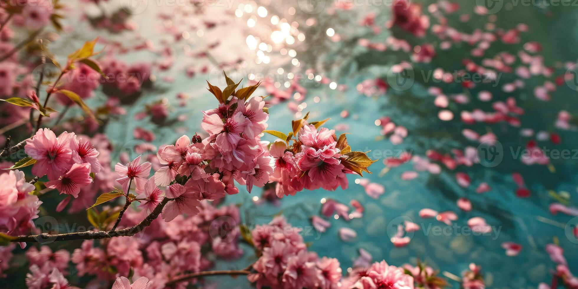 AI Generated Sakura flowers and petals float on the surface of the water. Hanami. AI generation. photo
