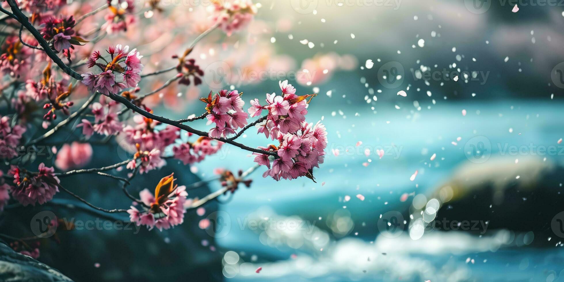 AI Generated Sakura blossoms against the background of the river. Hanami. AI generation. photo