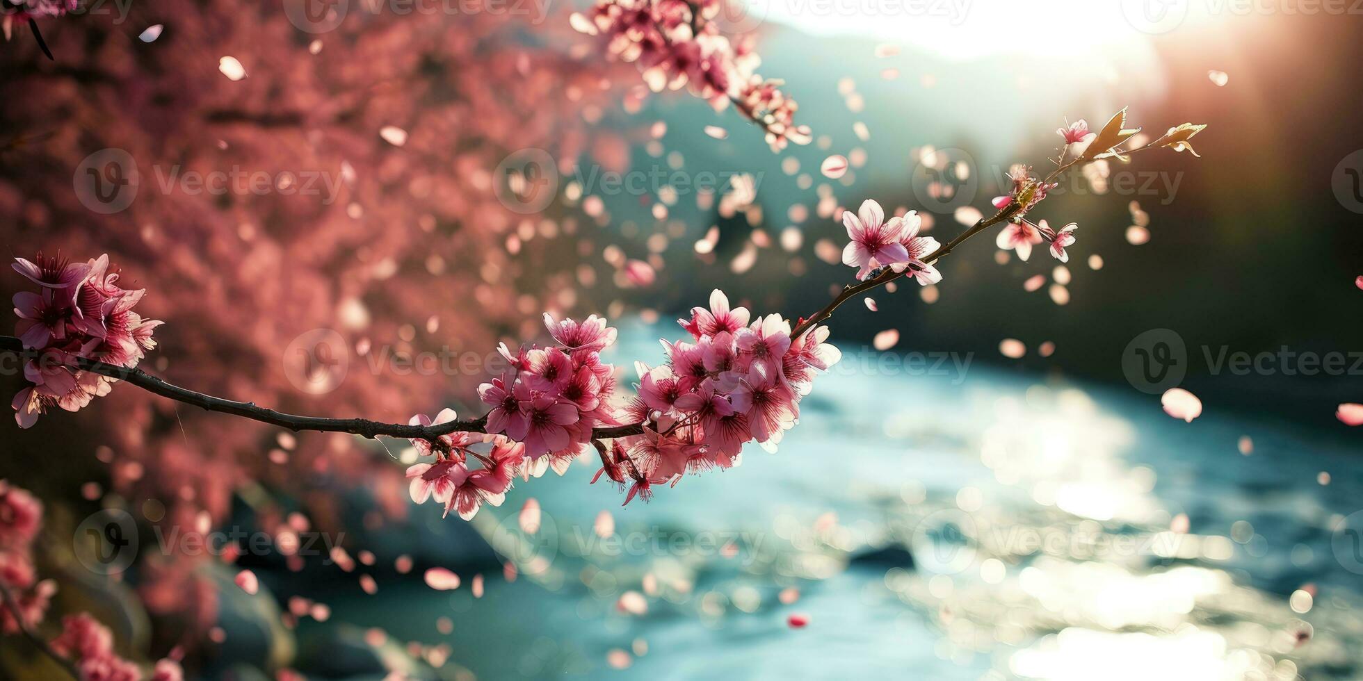 AI Generated Sakura blossoms against the background of the river. Hanami. AI generation. photo