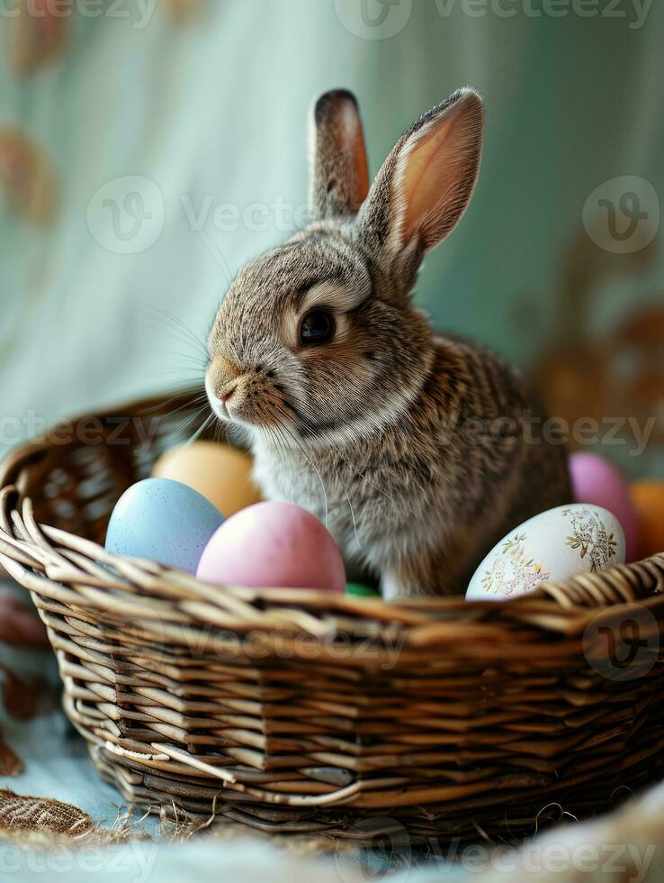 AI Generated Cute Easter bunny in basket with eggs on dark background. AI generation photo