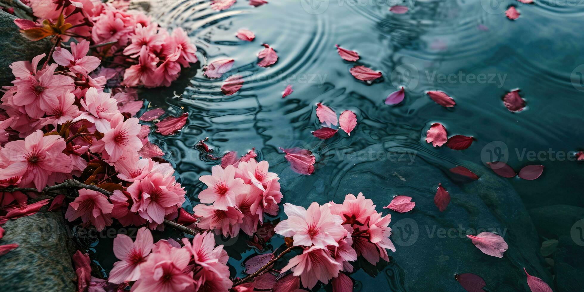 AI Generated Sakura flowers and petals float on the surface of the water. Hanami. AI generation. photo