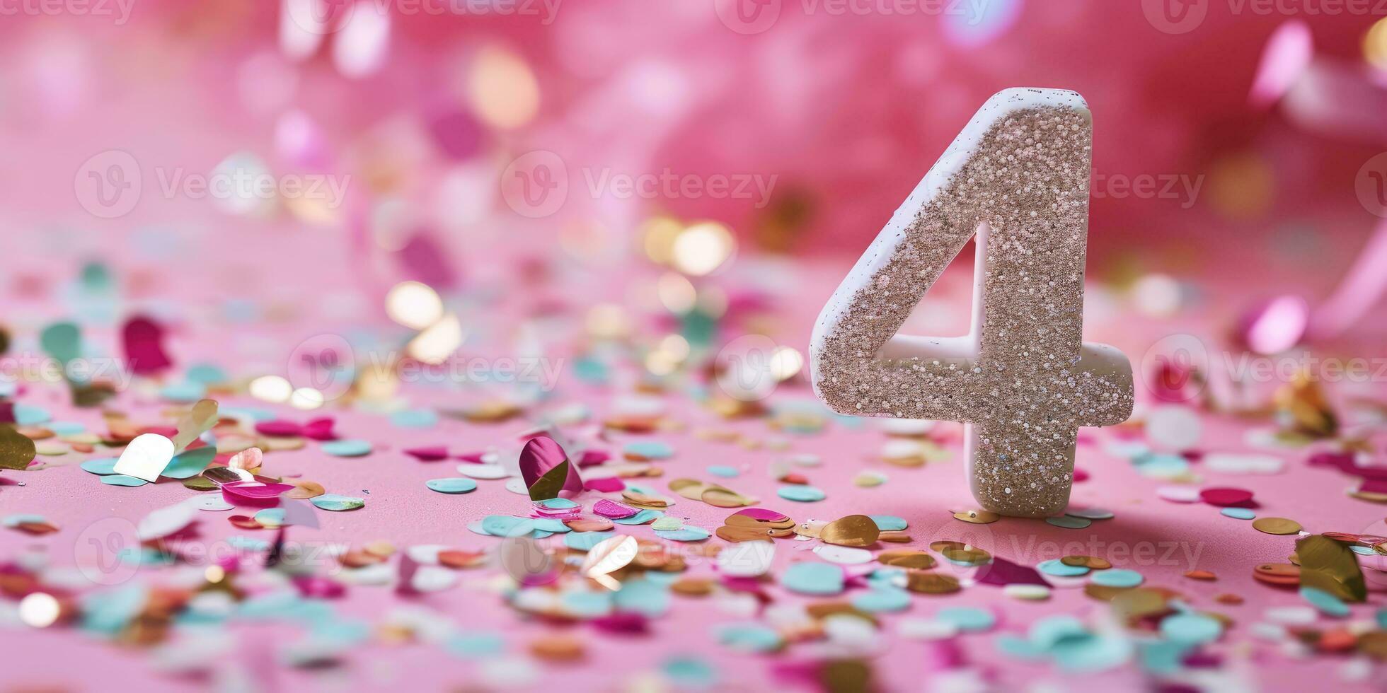 AI Generated Number 4 on pink background with sequins and confetti. Ai generation. photo