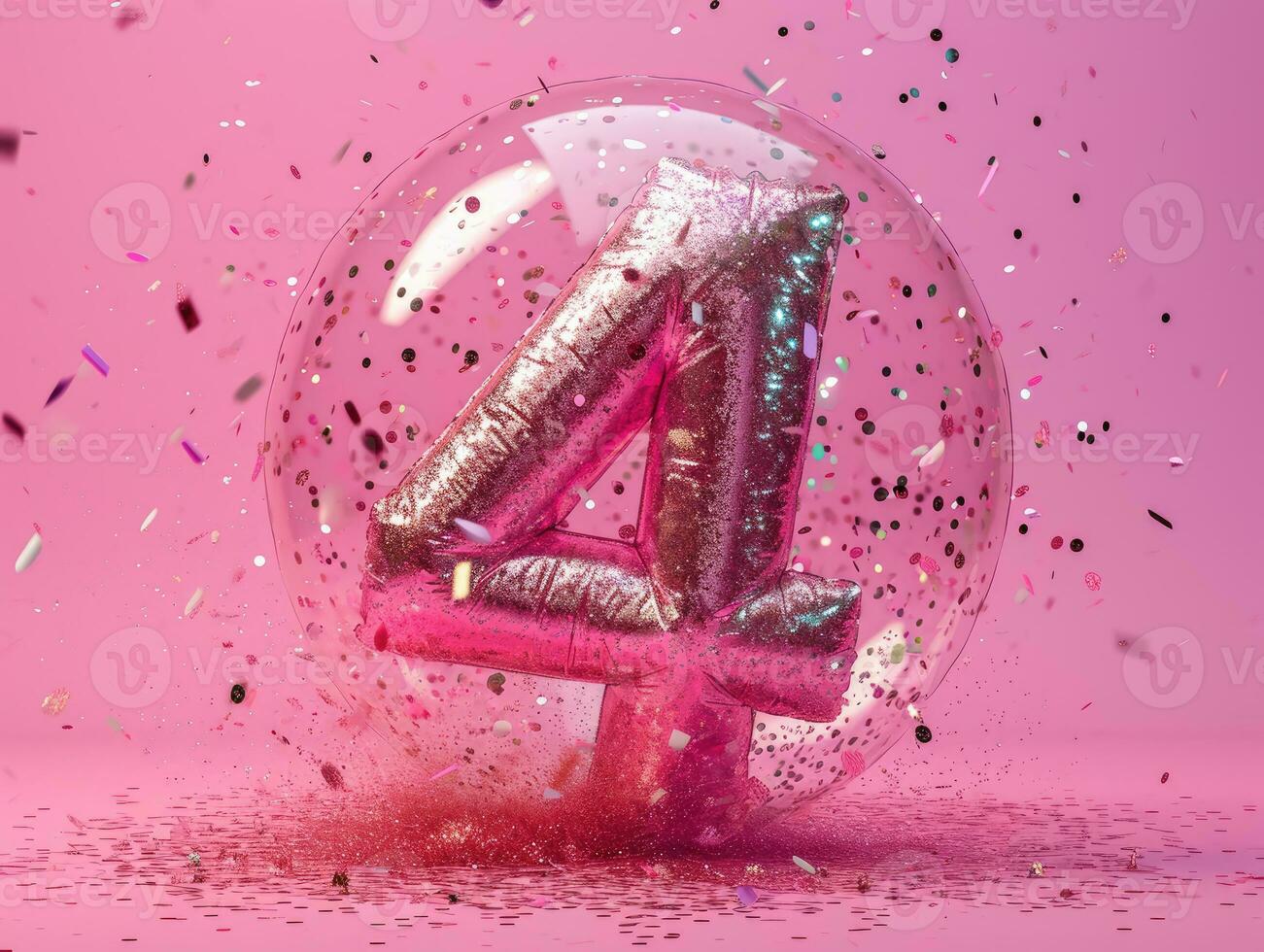 AI Generated Number 4 on pink background with sequins and confetti. Ai generation. photo