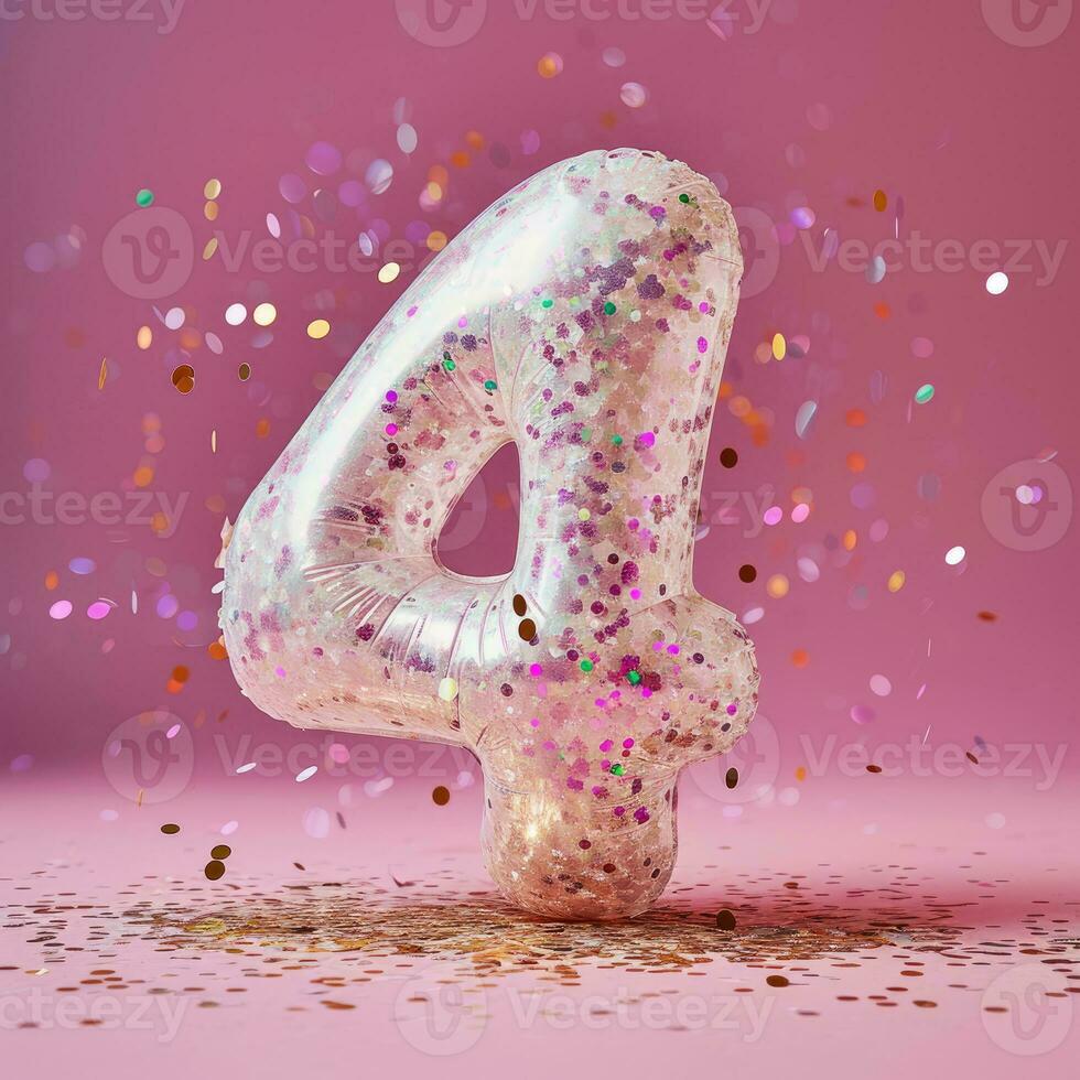 AI Generated Number 4 on pink background with sequins and confetti. Ai generation. photo