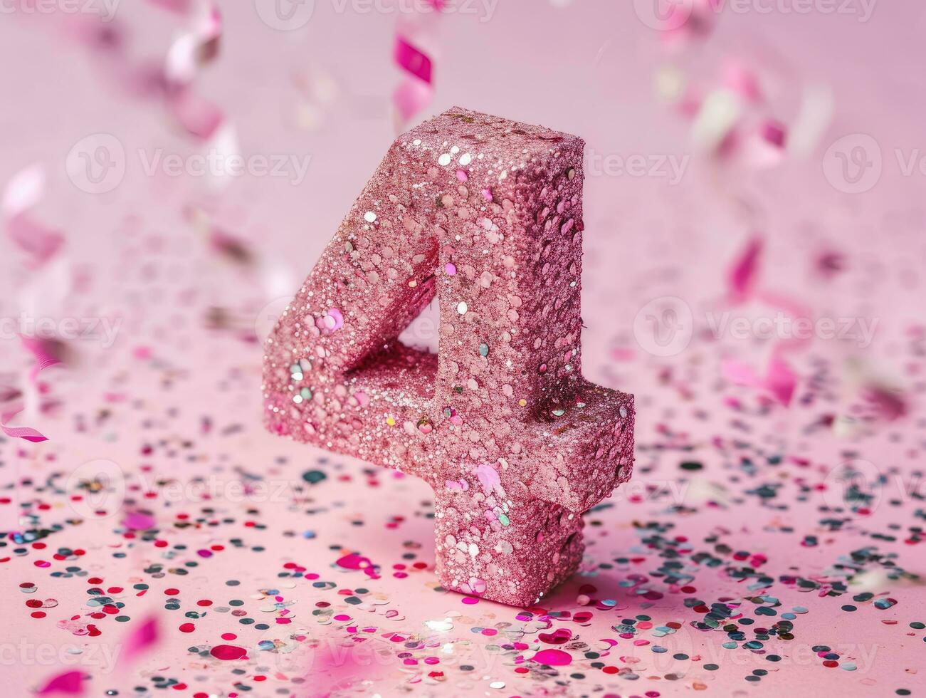 AI Generated Number 4 on pink background with sequins and confetti. Ai generation. photo