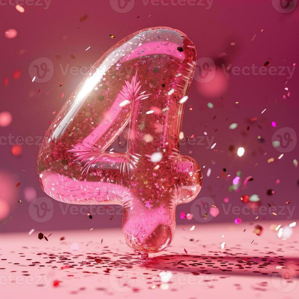 AI Generated Number 4 on pink background with sequins and confetti. Ai generation. photo