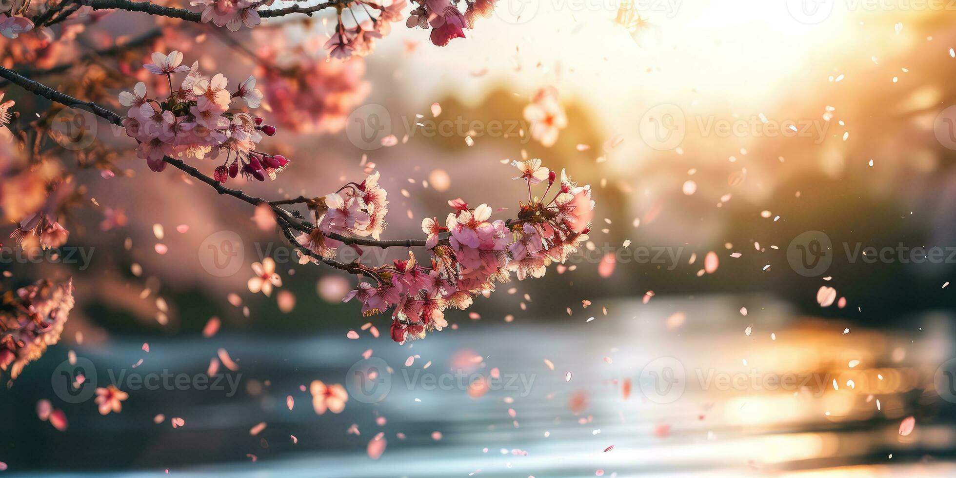 AI Generated Sakura blossoms against the background of the river. Hanami. AI generation. photo