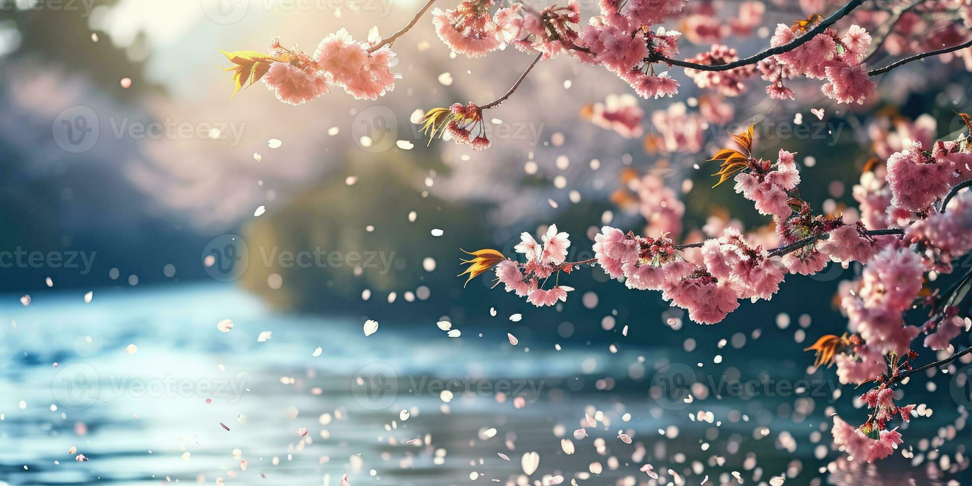 AI Generated Sakura blossoms against the background of the river. Hanami. AI generation. photo