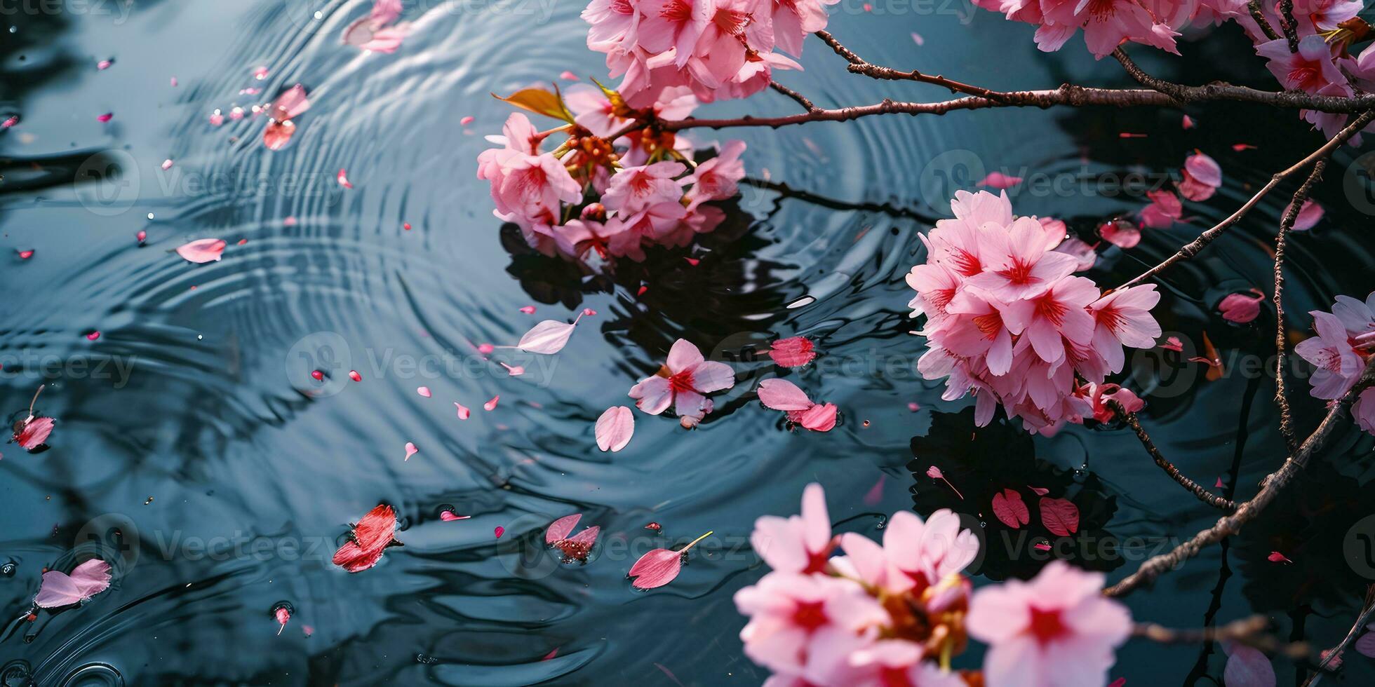 AI Generated Sakura flowers and petals float on the surface of the water. Hanami. AI generation. photo