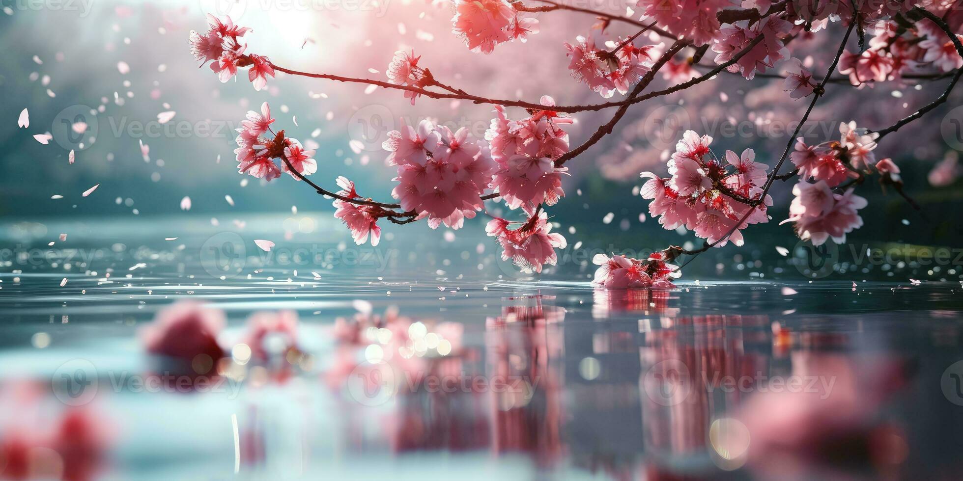 AI Generated Sakura blossoms against the background of the river. Hanami. AI generation. photo