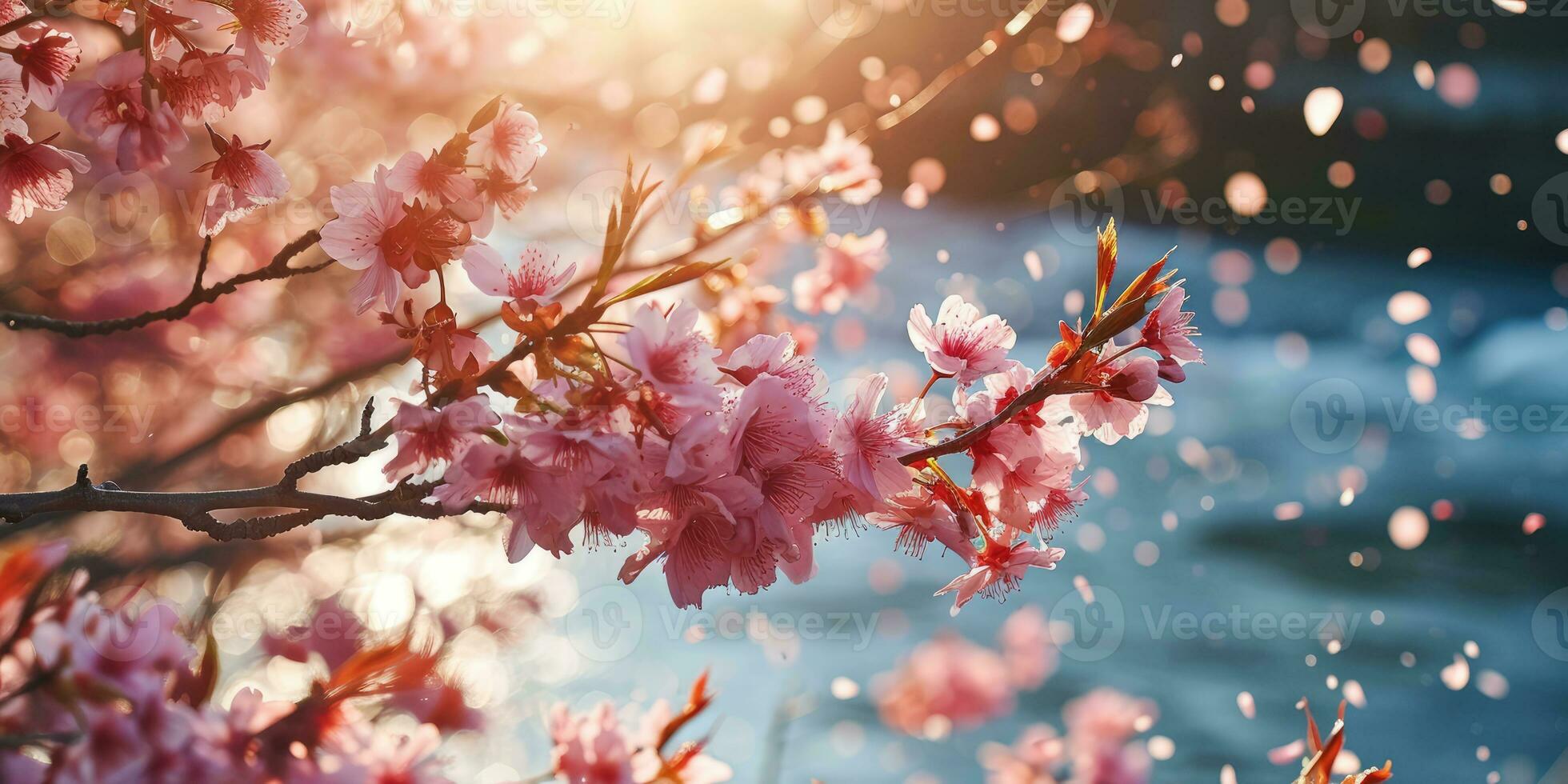 AI Generated Sakura blossoms against the background of the river. Hanami. AI generation. photo