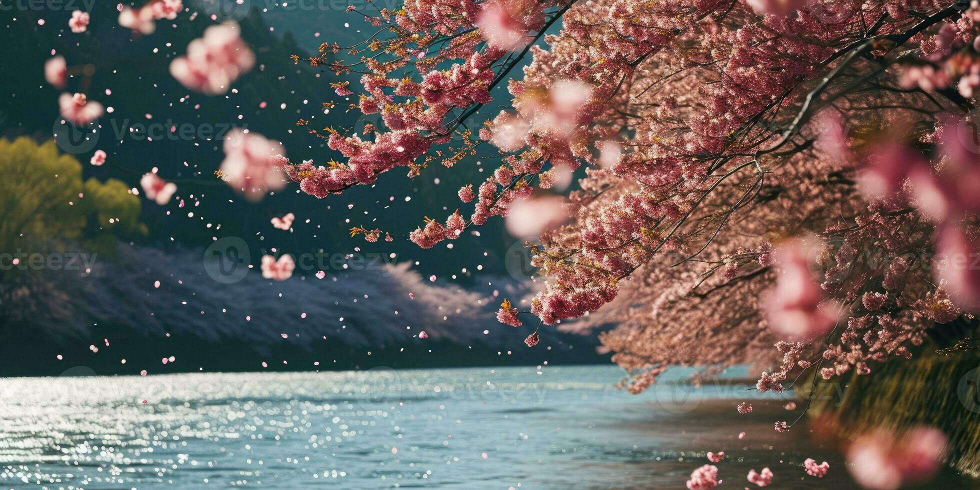 AI Generated Sakura blossoms against the background of the river. Hanami. AI generation. photo