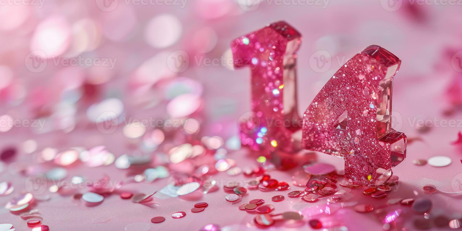 AI Generated Number 14 on pink background with sequins and confetti. Ai generation. photo