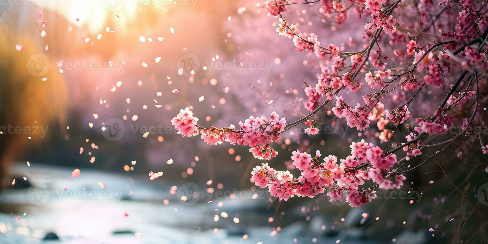 AI Generated Sakura blossoms against the background of the river. Hanami. AI generation. photo