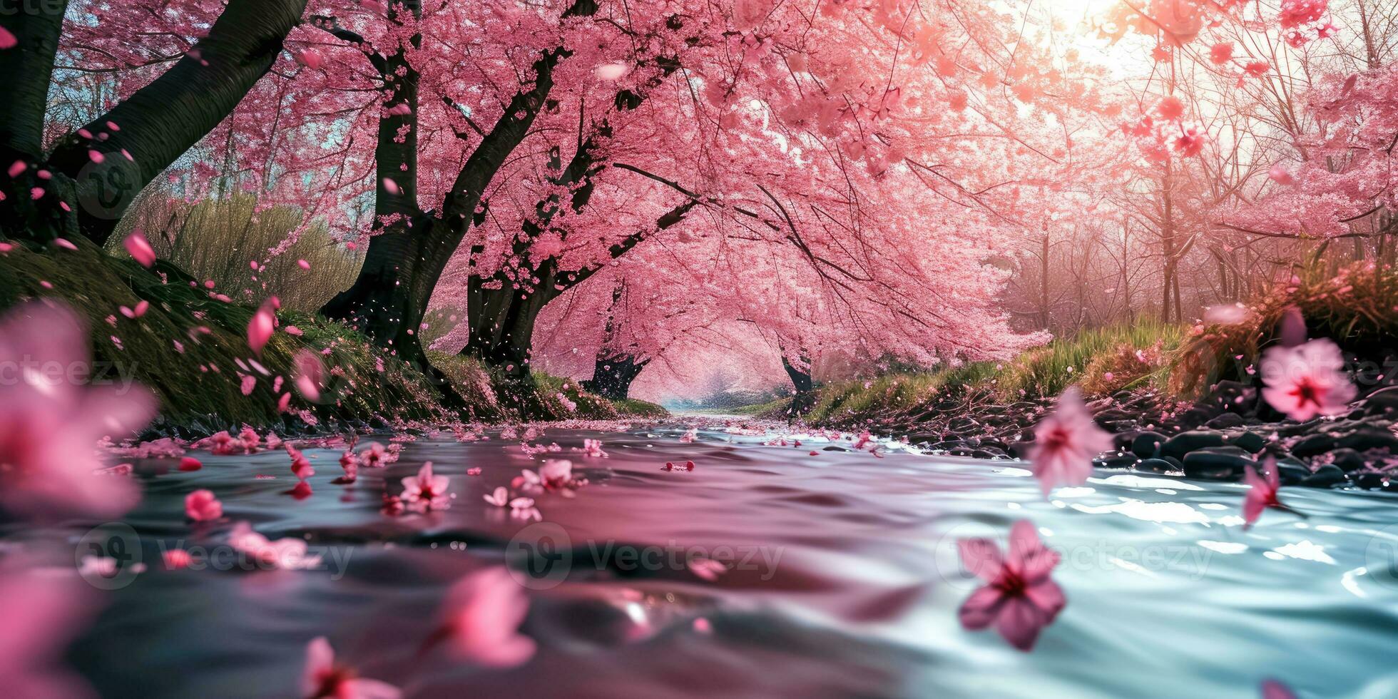 AI Generated Sakura blossoms against the background of the river. Hanami. AI generation. photo