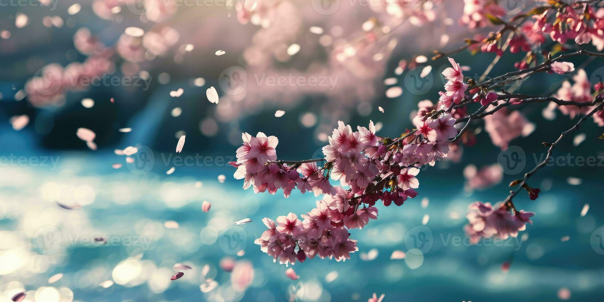 AI Generated Sakura blossoms against the background of the river. Hanami. AI generation. photo