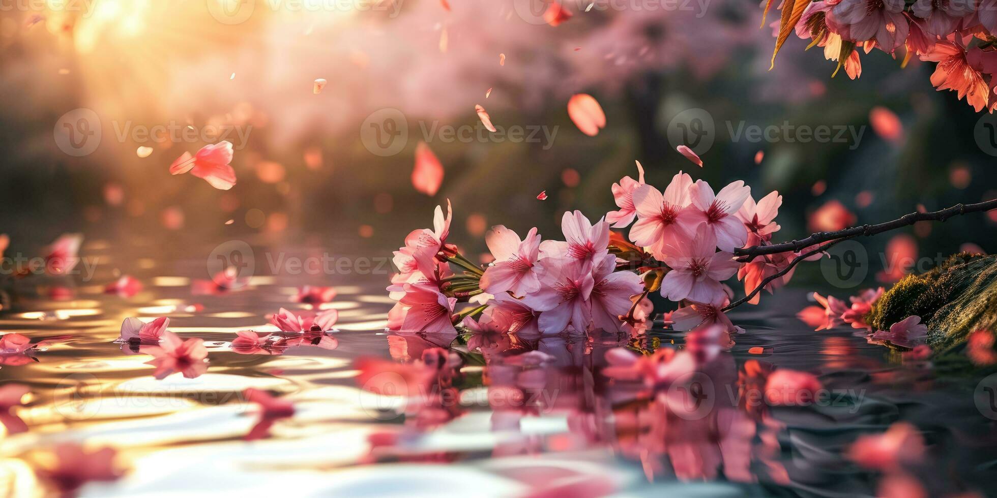 AI Generated Sakura blossoms against the background of the river. Hanami. AI generation. photo