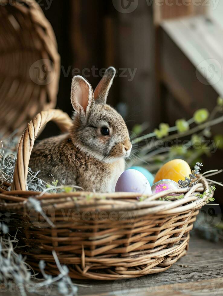 AI Generated Cute Easter bunny in basket with eggs on dark background. AI generation photo