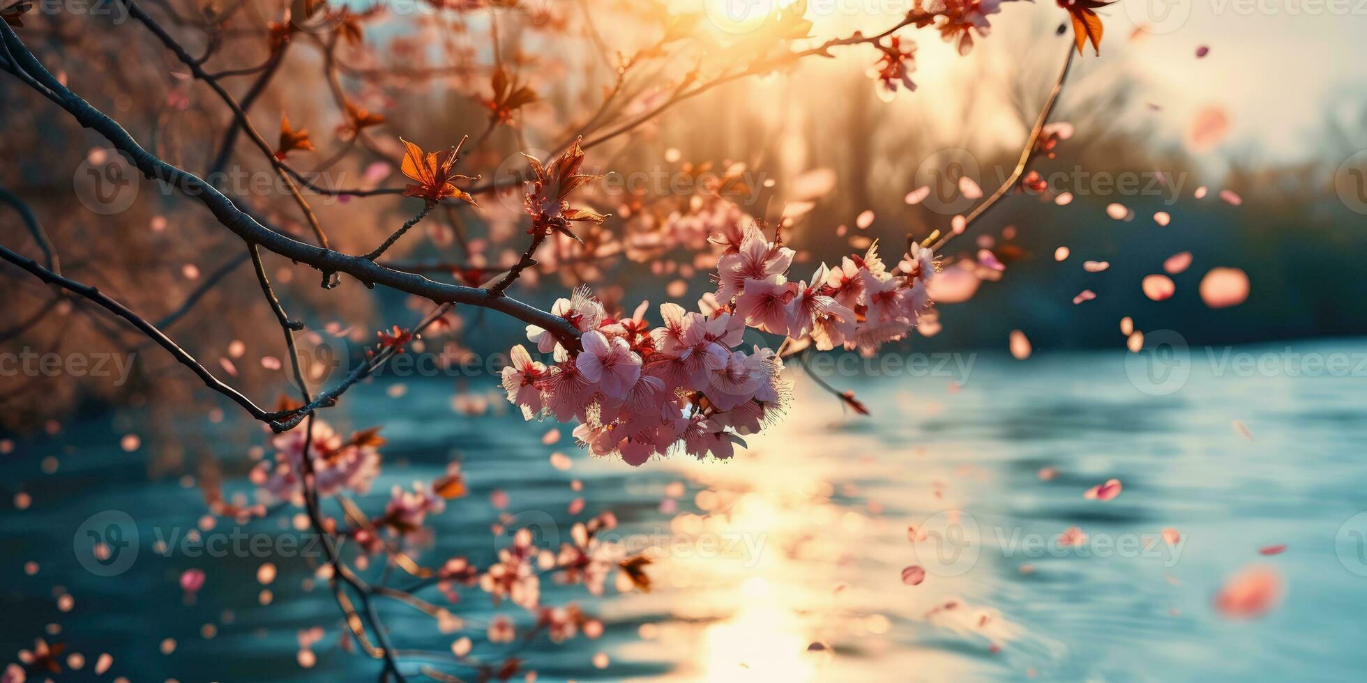AI Generated Sakura blossoms against the background of the river. Hanami. AI generation. photo
