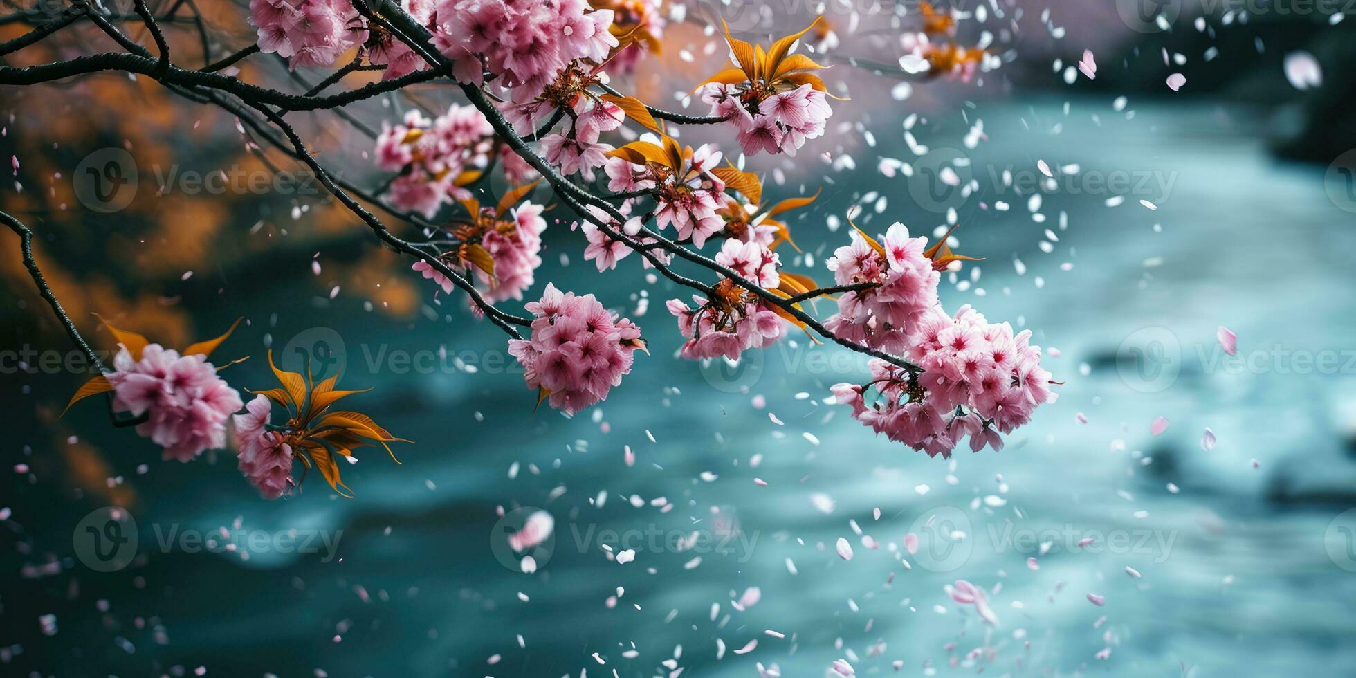 AI Generated Sakura blossoms against the background of the river. Hanami. AI generation. photo
