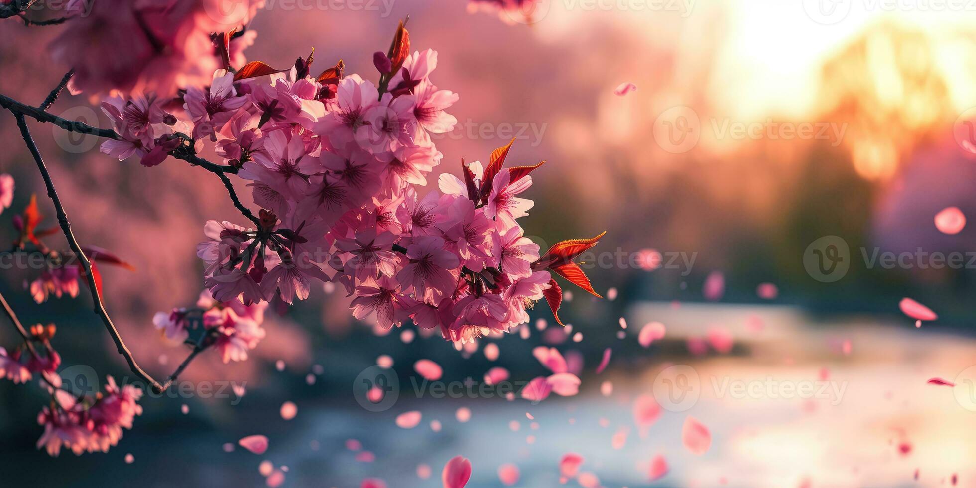 AI Generated Sakura blossoms against the background of the river. Hanami. AI generation. photo