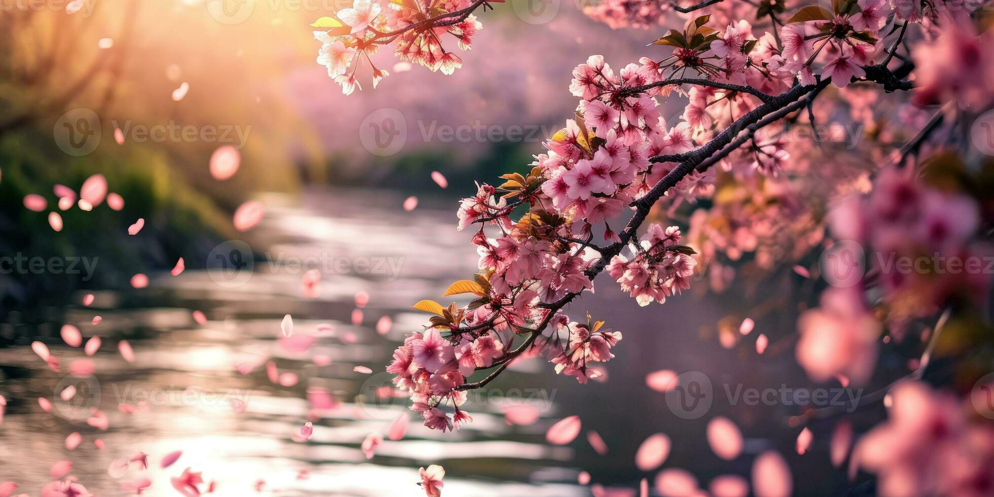 AI Generated Sakura blossoms against the background of the river. Hanami. AI generation. photo