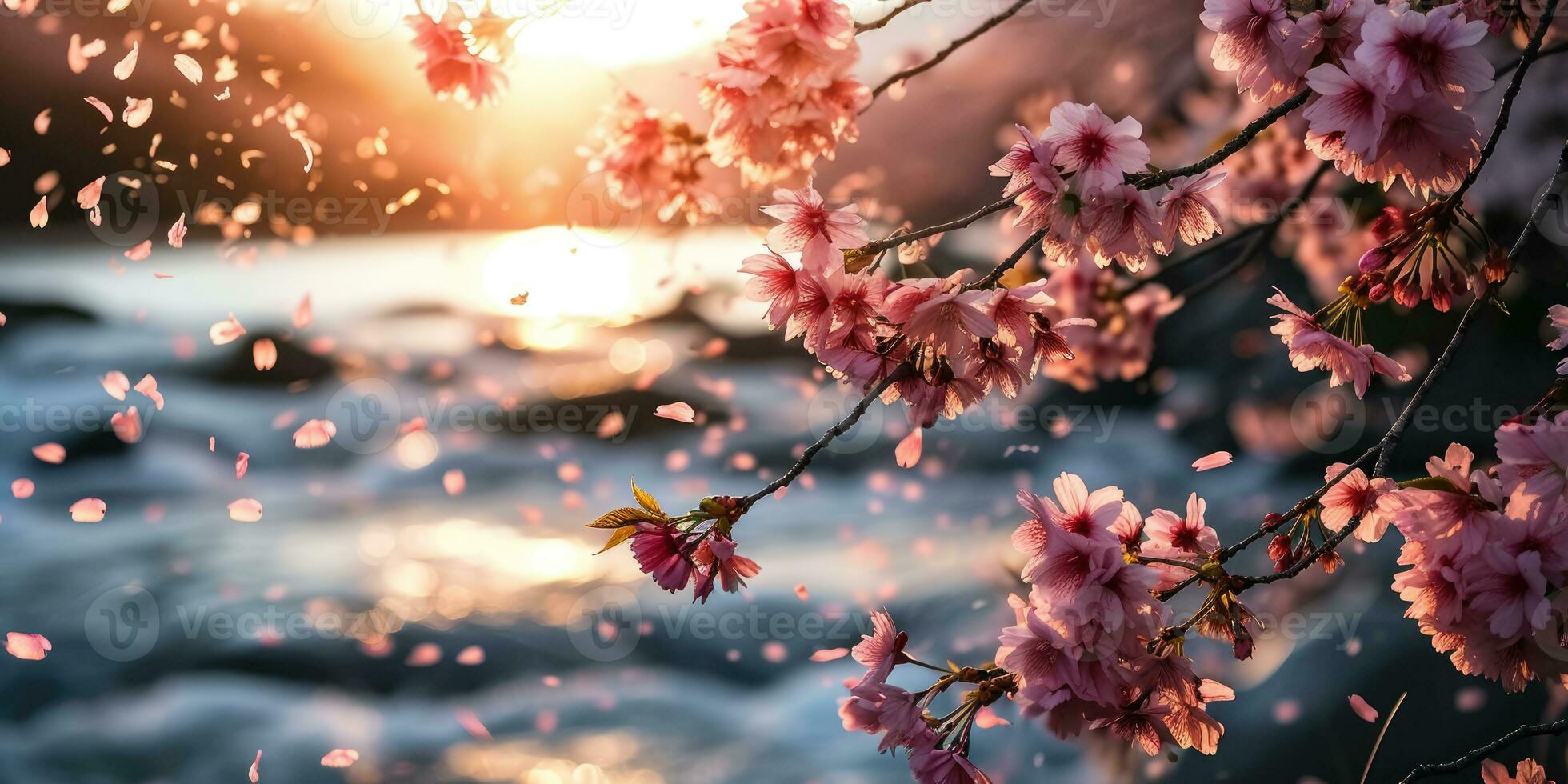 AI Generated Sakura blossoms against the background of the river. Hanami. AI generation. photo