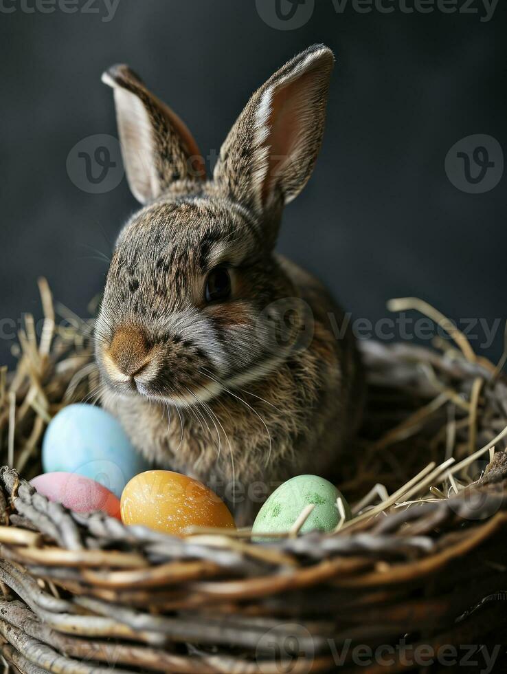 AI Generated Cute Easter bunny in basket with eggs on dark background. AI generation photo