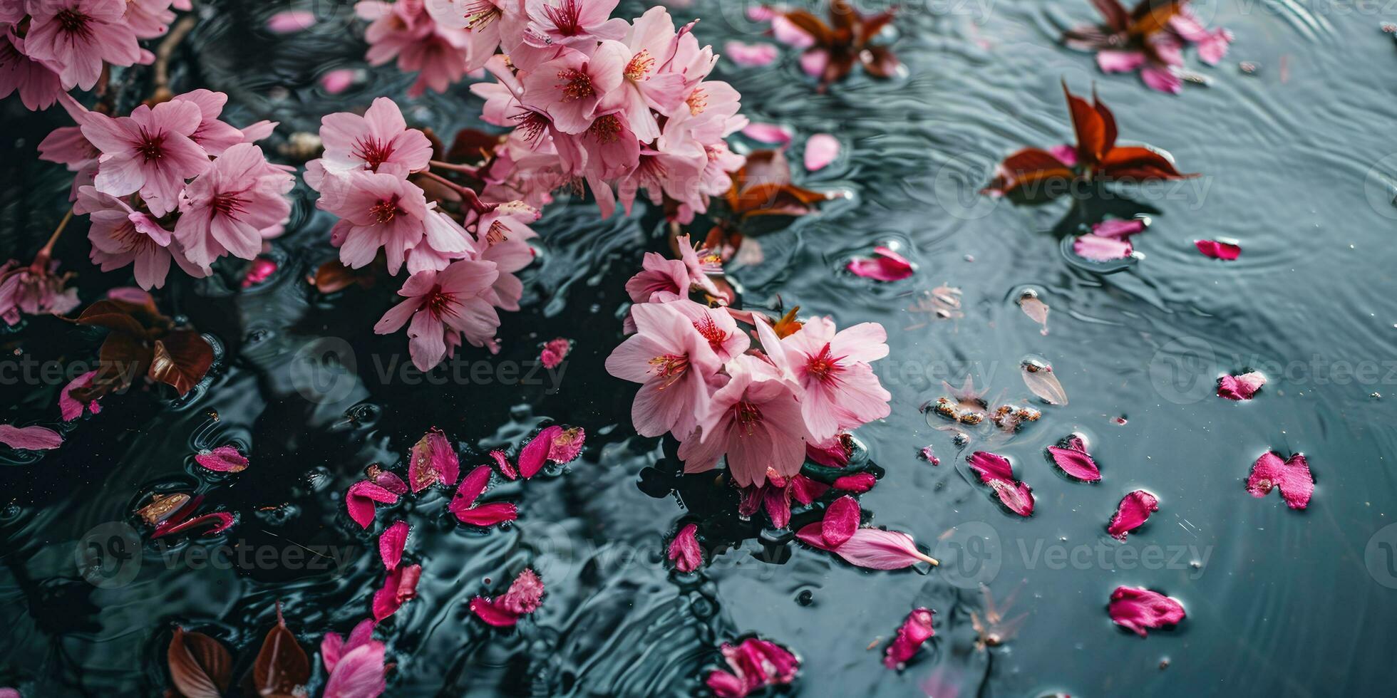 AI Generated Sakura flowers and petals float on the surface of the water. Hanami. AI generation. photo