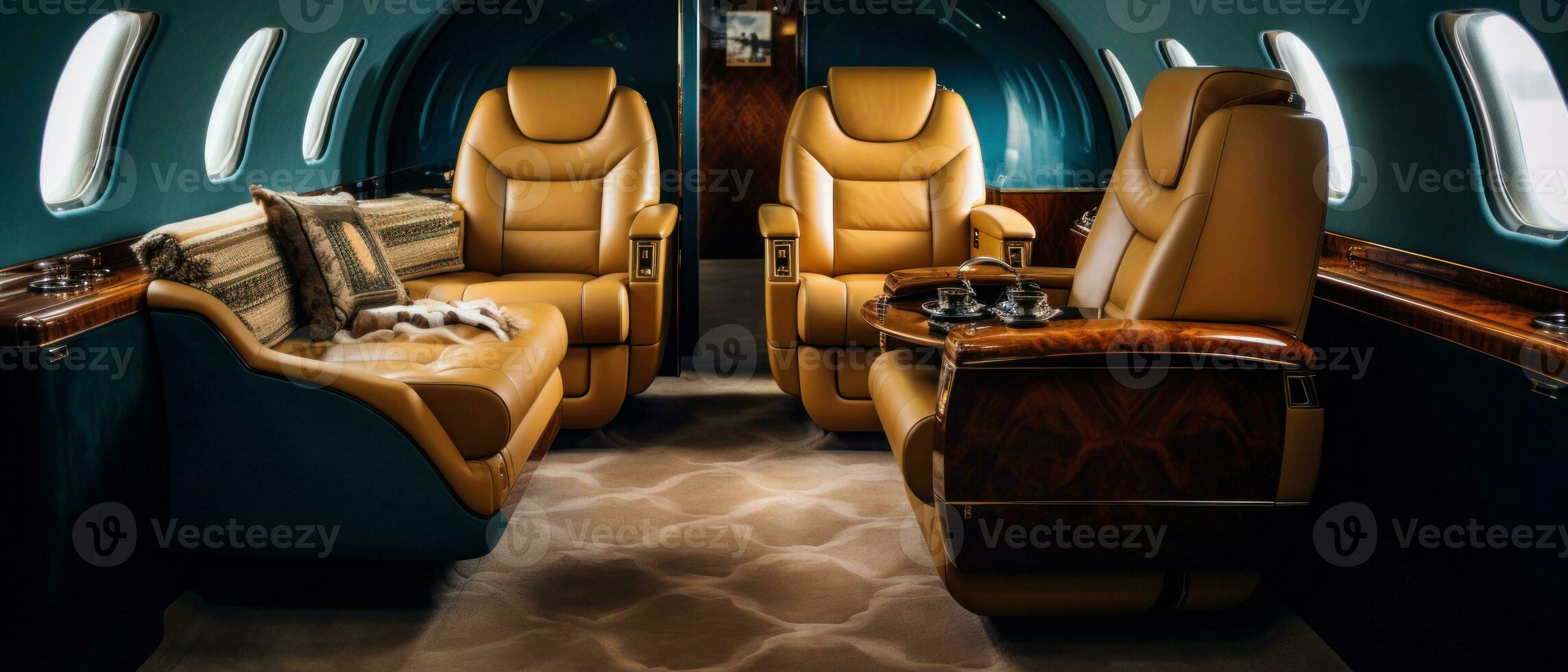 AI generated Luxurious private jet interior, leather seats, plush upholstery. AI generative. photo