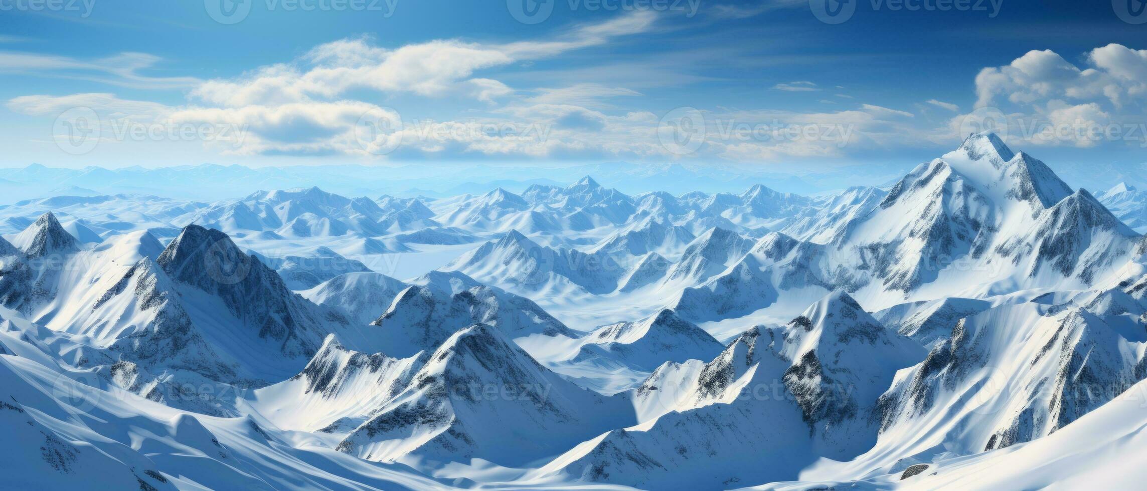 AI generated Breathtaking view of white, snowy mountains under the sun, offering a perfect setting for a winter vacation or ski resort adventure. photo