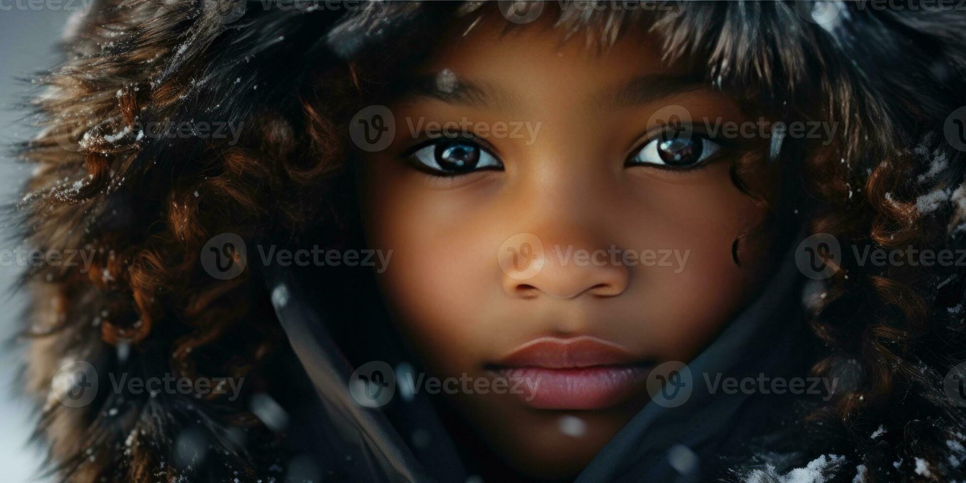 AI generated Close-up of a young black girl in a luxurious fur hooded coat. AI generative. photo