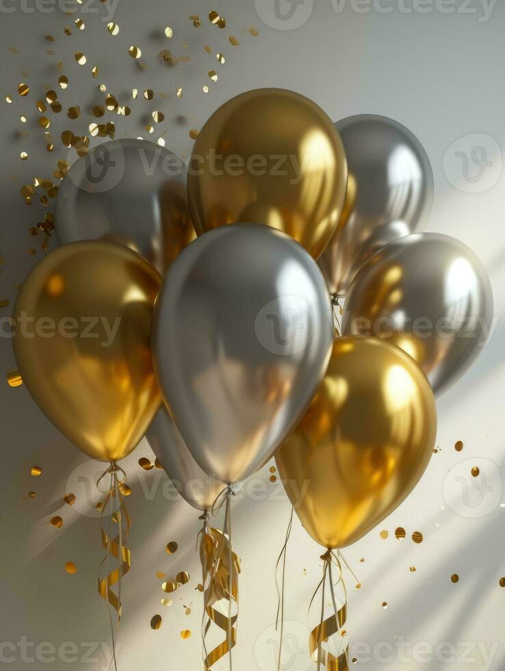 AI Generated AI generation. White, black, gold and silver balloons and confetti on white background photo