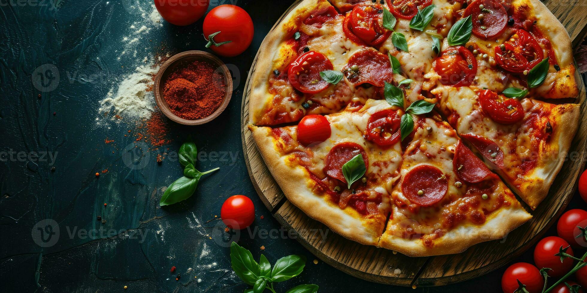 Pizza with salami, mozzarella and tomatoes on a dark background. AI generated. photo
