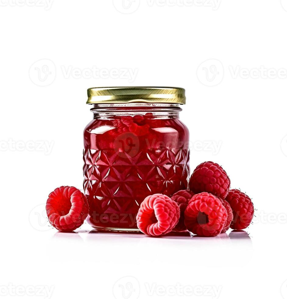 AI generated Raspberry jam in jar on white backgrounds. photo