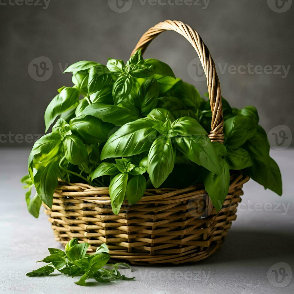 AI generated Basket with fragrant basil herbs photo