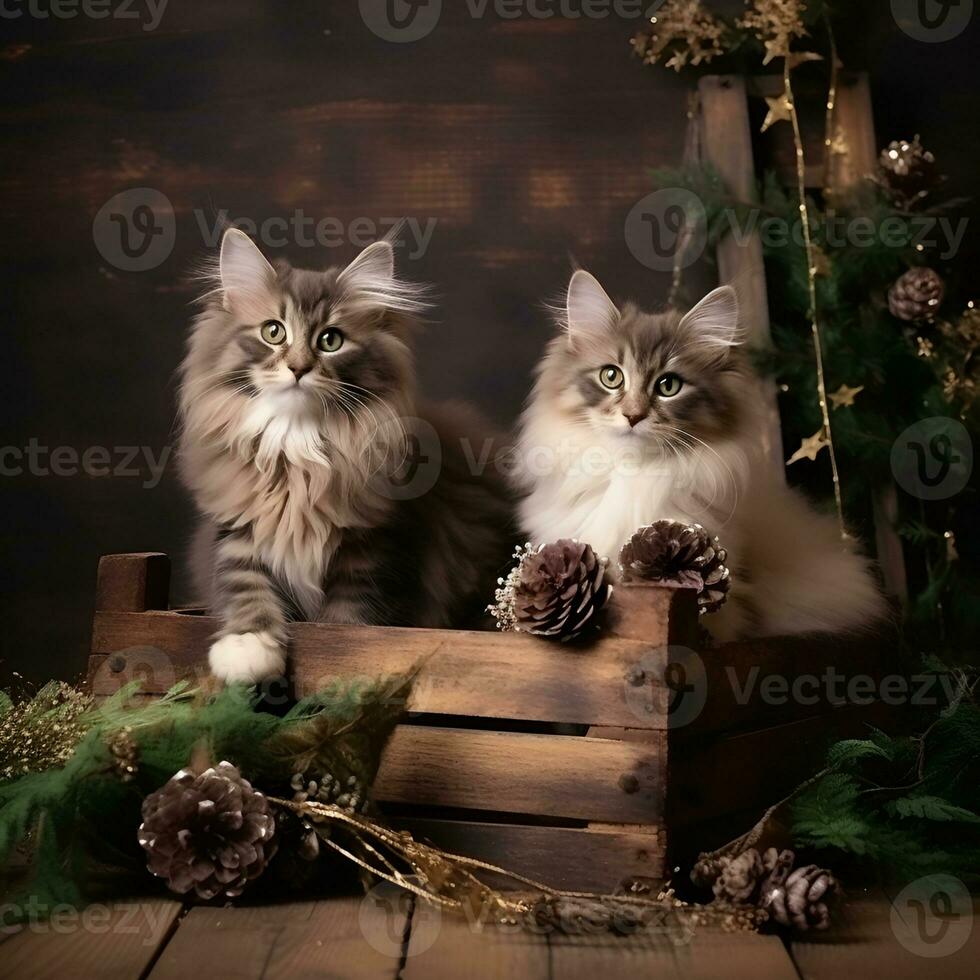 ai generado linda gatitos en un de madera caja foto