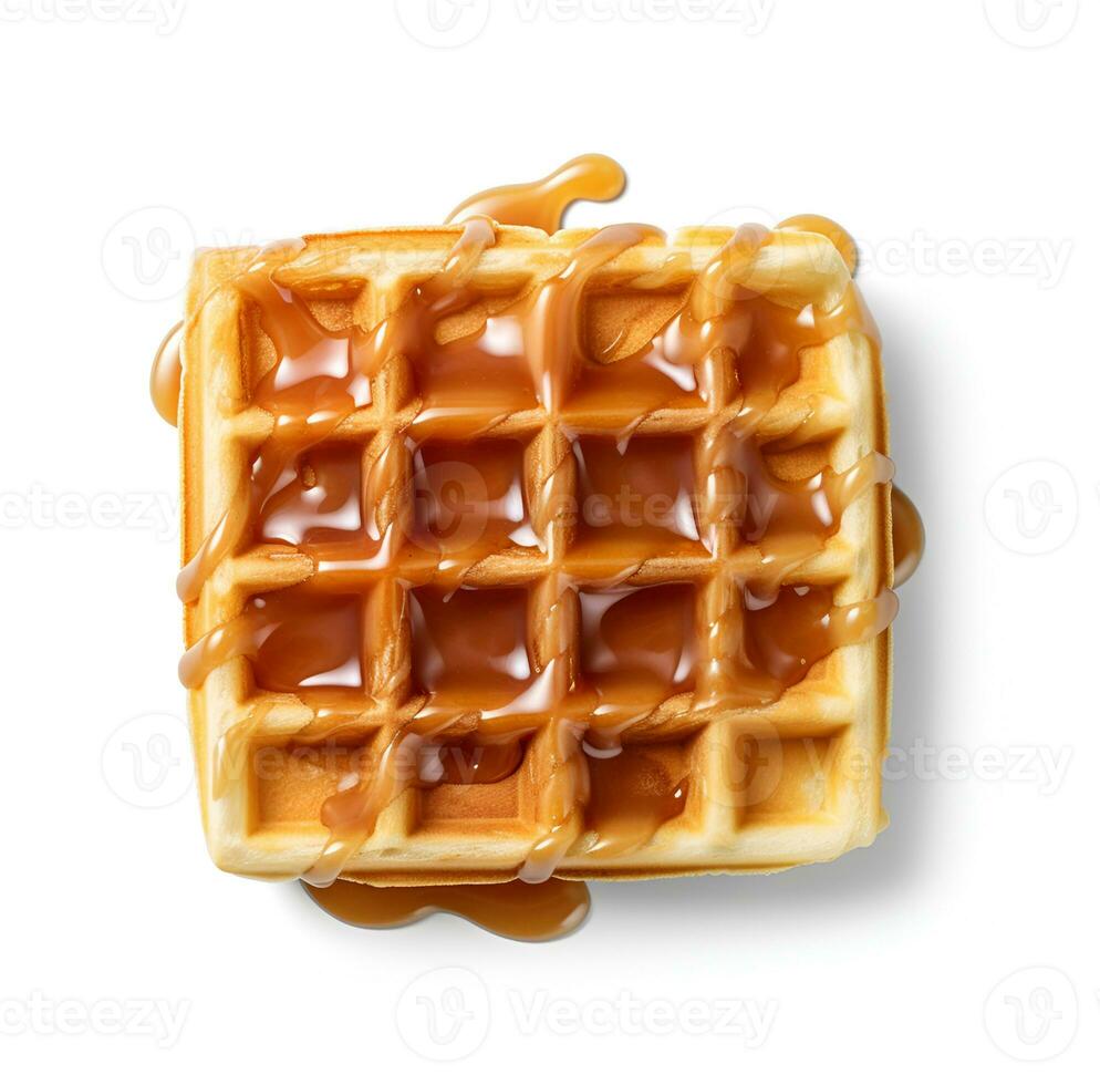 AI generated waffles with caramel syrup on a white background. photo