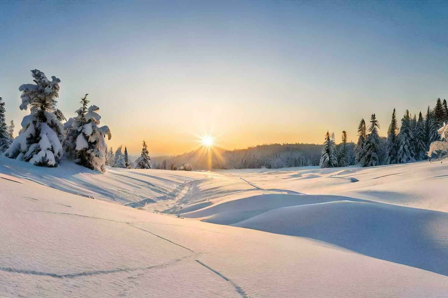 the sun rises over a snowy landscape. AI-Generated photo