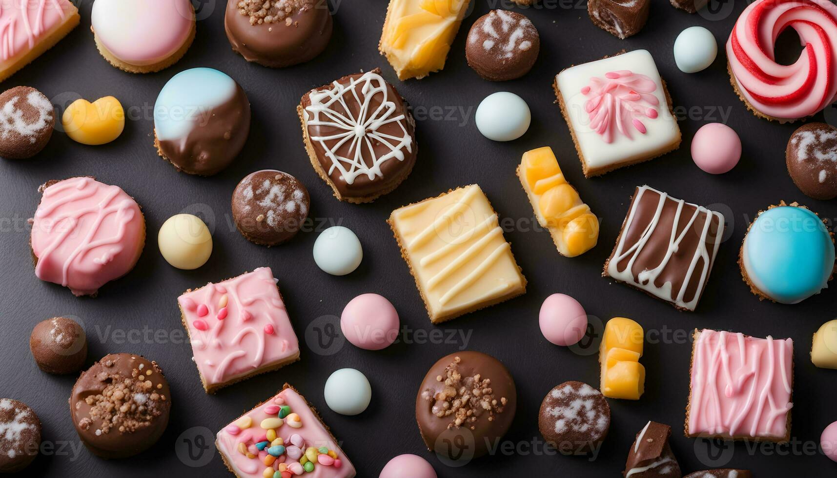 AI generated assortment of chocolate and other sweets on a black background photo