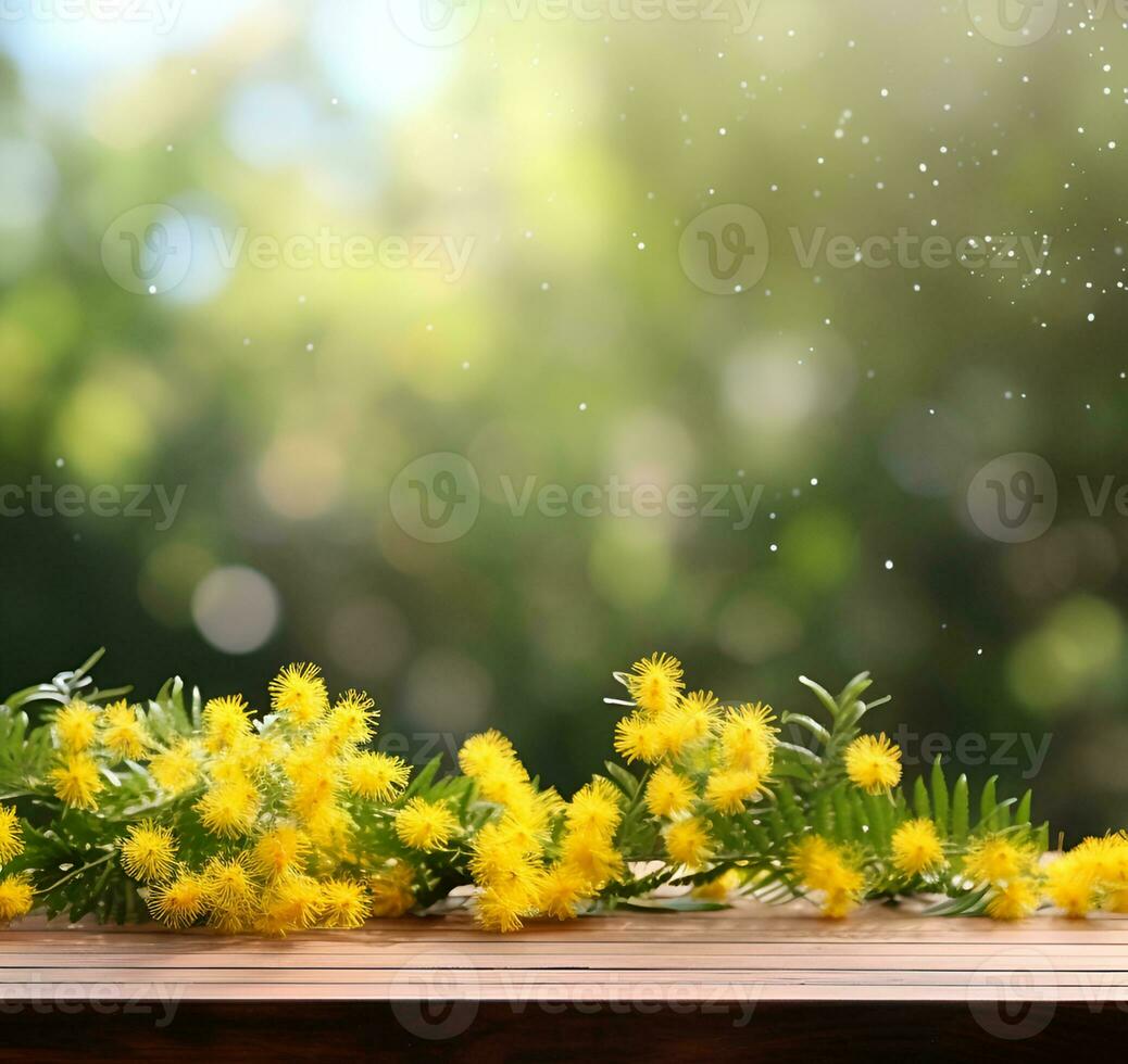 AI generated Mimosa flower backgrounds with empty wooden table. Generated AI photo