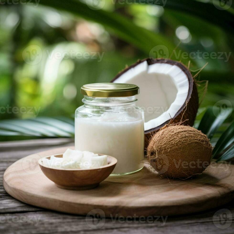 AI generated Coconuts oil and cocos nuts. Come AI generated photo