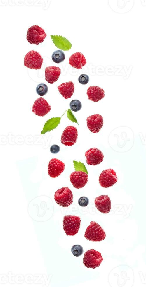 AI generated Falling raspberry and blueberry on white backgrounds. photo