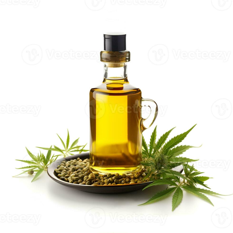 AI generated CBD oil in bottle and  hemp seed on black backgrounds. photo