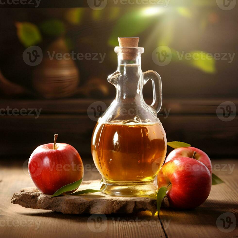 AI generated Bottle apple cider vinegar and fresh apples in wooden backgrounds. Ai generative. photo