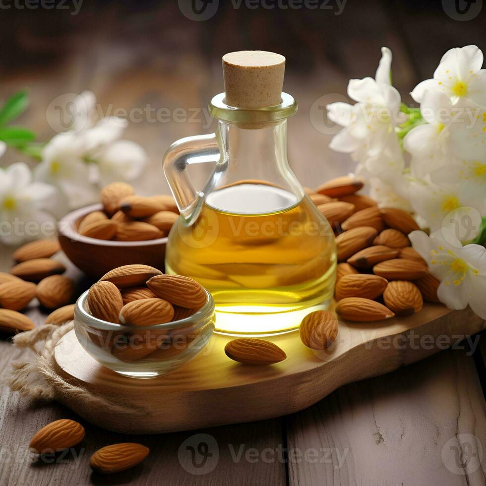 AI generated Almonds oil in bottle on wooden backgrounds.  Ai generative. Illustration. photo