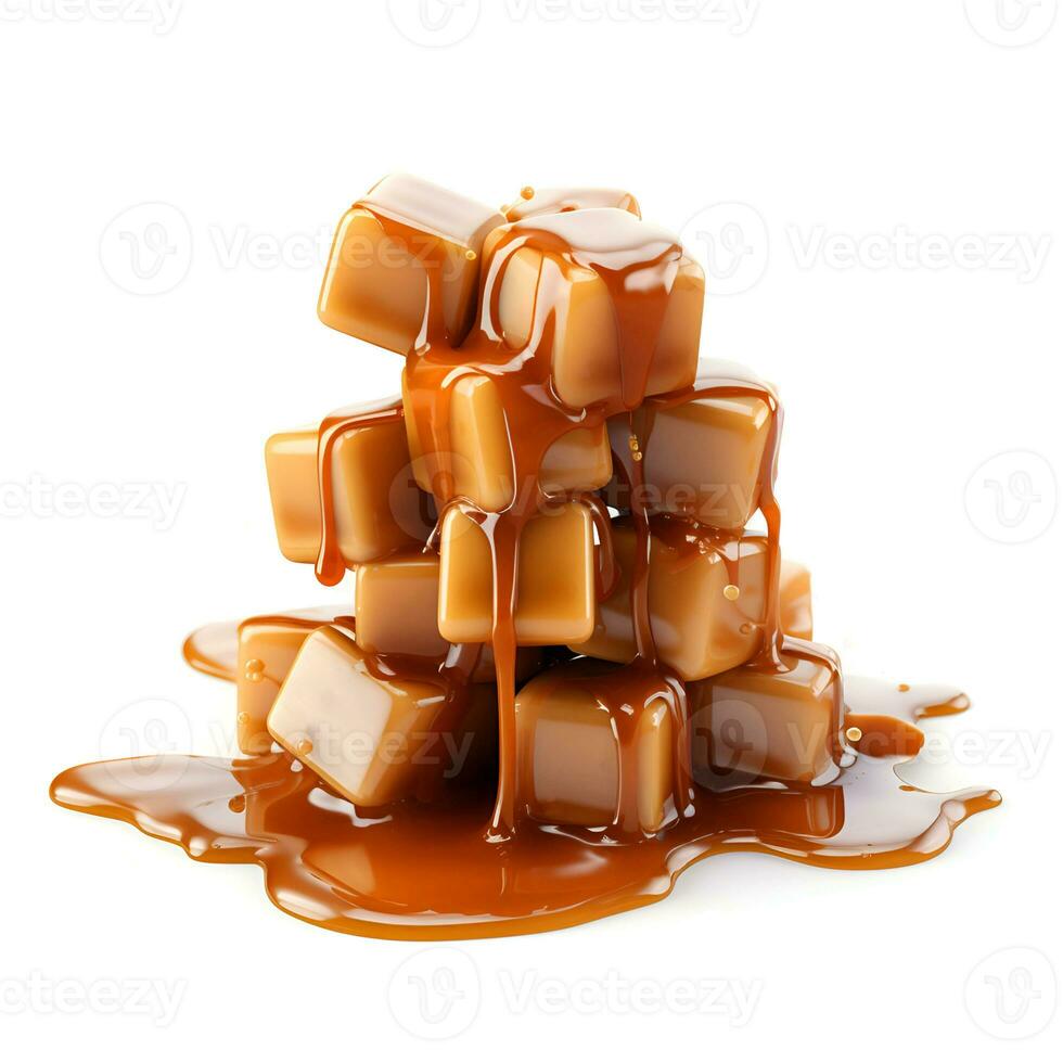 AI generated Caramel candy with caramel topping on white backgrounds. Healthy food ingredient. Come AI generated. photo