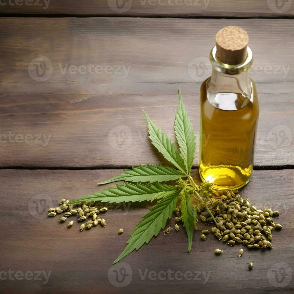 AI generated CBD oil in bottle on wooden backgrounds. Hemp oil photo